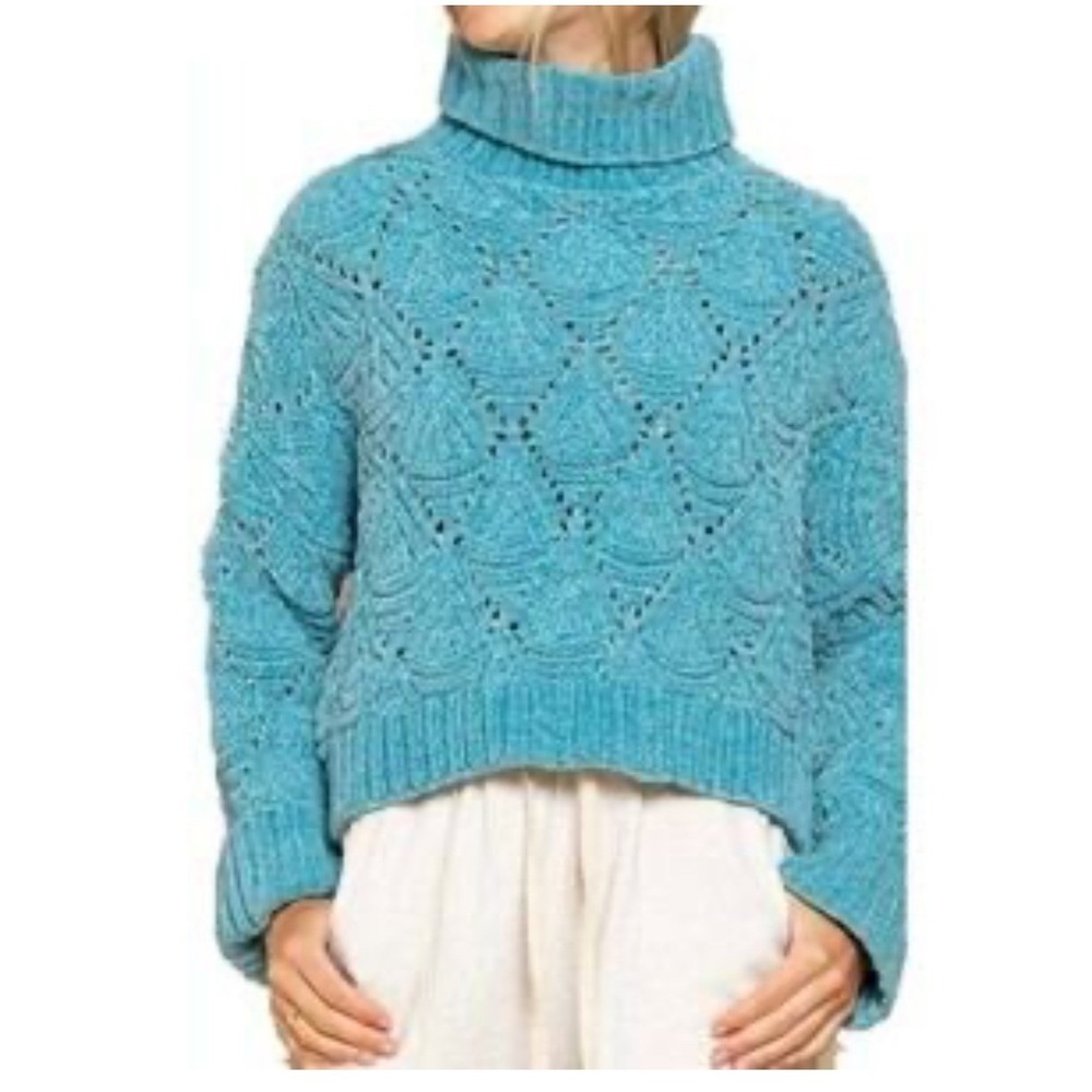 POL Chenille Mock Neck Cable Knit Sweater Cropped‎ Women's M Green Teal